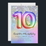 Glam Rainbow Glitter Foil Balloon 10th Birthday Invitation<br><div class="desc">Glam Holographic Rainbow Glitter Foil Pastel Balloon Girl Boy 10th Birthday Invitation</div>