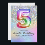 Glam Rainbow Glitter Foil Pastel Girl 5th Birthday Invitation<br><div class="desc">Glam Holographic Rainbow Glitter Foil Pastel Balloon Girl 5th Birthday Invitation</div>