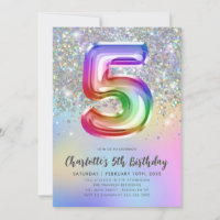 Glam Rainbow Glitter Foil Pastel Girl 5th Birthday