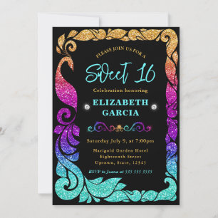 Glam Rainbow Gradient Glitter Peacock Sweet 16 Invitation