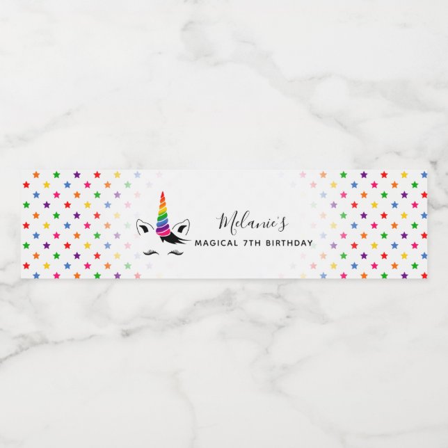 Glam Rainbow Unicorn Birthday Party Water Bottle Label (Single Label)