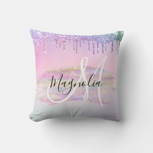 Glam Rainbow Unicorn Ombre Glitter Pink Monogram Cushion (Front)
