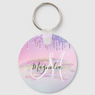 Glam Rainbow Unicorn Ombre Glitter Pink Monogram Key Ring