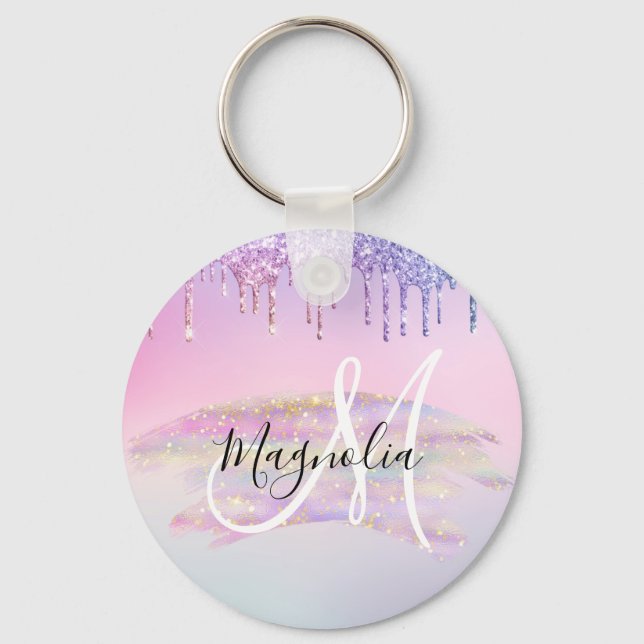 Glam Rainbow Unicorn Ombre Glitter Pink Monogram Key Ring (Front)