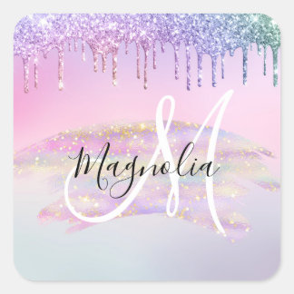 Glam Rainbow Unicorn Ombre Glitter Pink Monogram Square Sticker