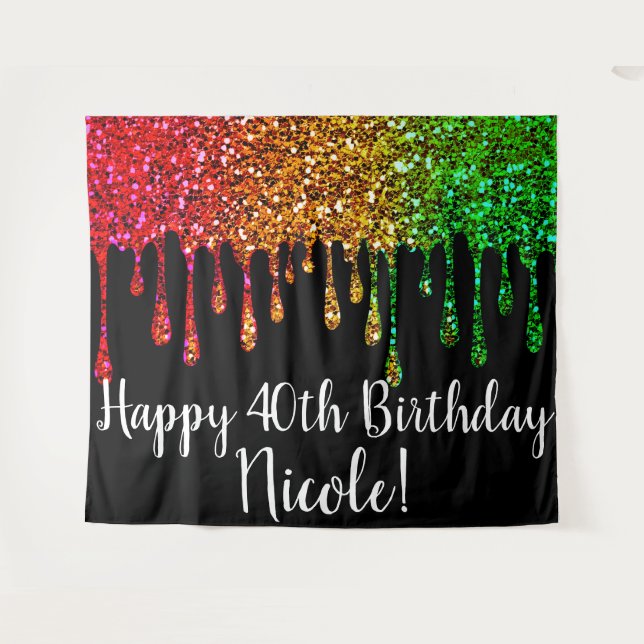Glam Rasta Rainbow Glitter Drips Birthday Party Tapestry (Front (Horizontal))
