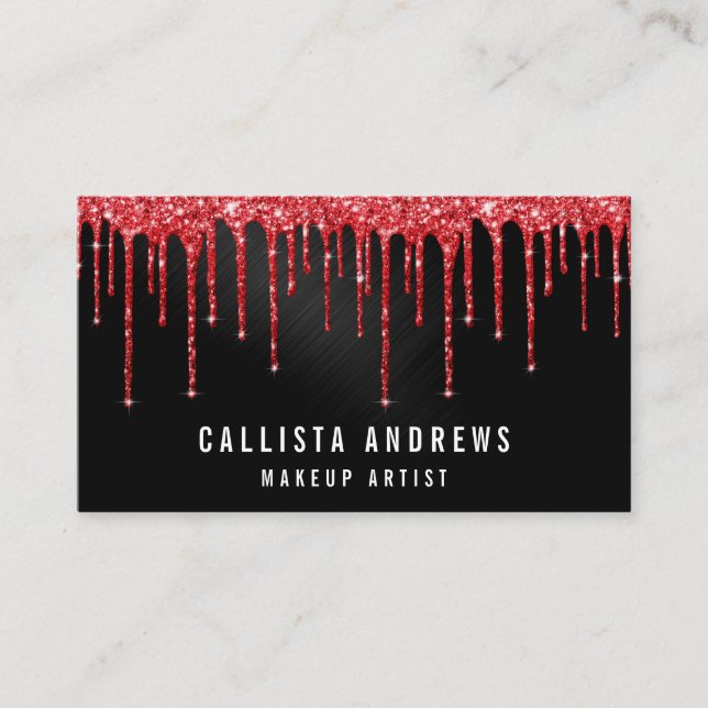 Glam Red Black Metallic Glitter Drips Makeup Business Card (Front)