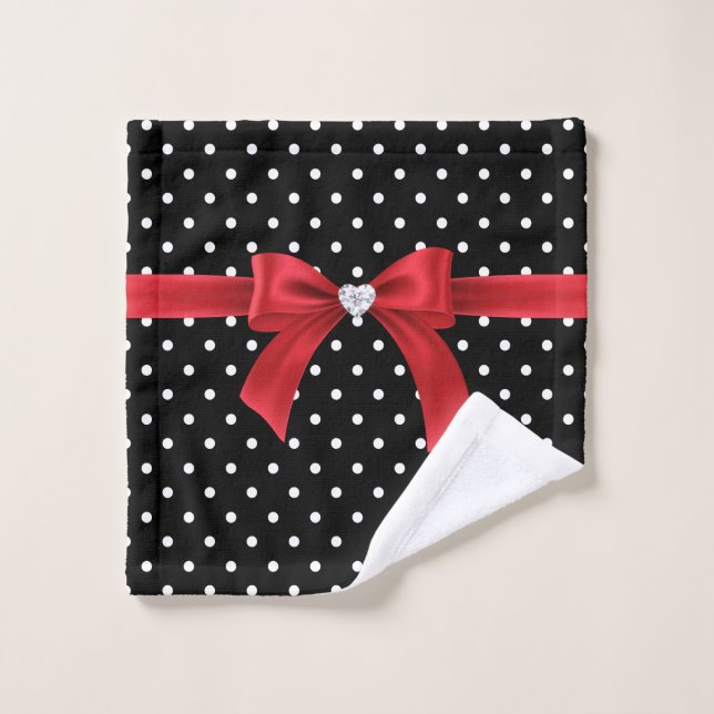 Glam Red Bow-White Polka Dots-Black Bath Towel Set (Wash Cloth)