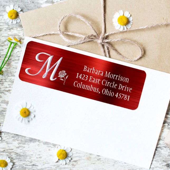 Glam Red Brushed Metal Custom Monogram Return  Address Label (Creator Uploaded)
