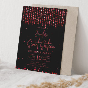 Glam Red Falling Stars Sweet 16 Birthday Party Invitation
