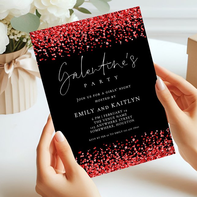 Glam Red Glitter Borders Black Galentines Party Invitation (Creator Uploaded)