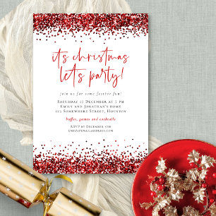 Glam Red Glitter Christmas Lets Party Invitation