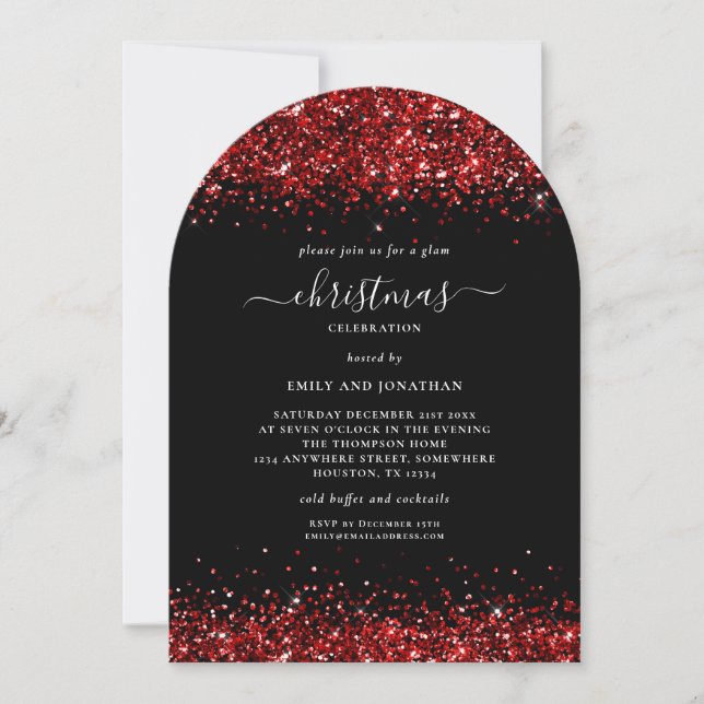Glam Red Glitter Christmas Party Black Arch Invitation (Front)
