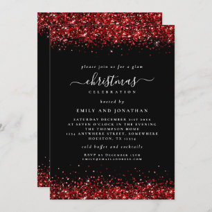 Glam Red Glitter Christmas Party Black Invitation