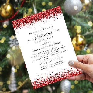 Glam Red Glitter Christmas Party White Invitation