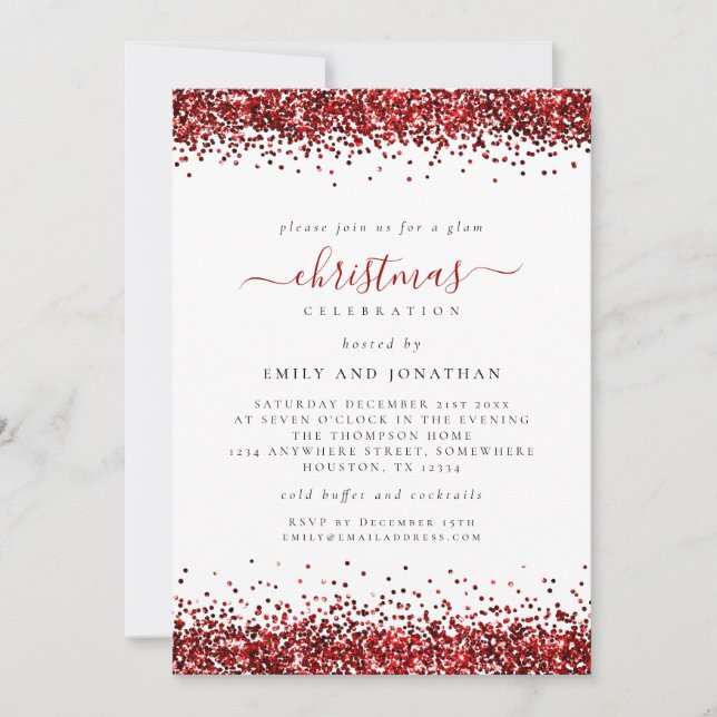 Glam Red Glitter Christmas Party White Invite (Front)