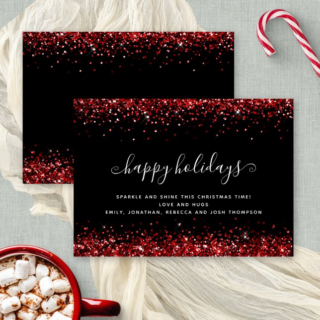 Glam Red Glitter Happy Holidays Black Christmas  Holiday Card (Front and back view)