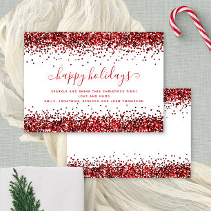 Glam Red Glitter Happy Holidays White Christmas Holiday Card