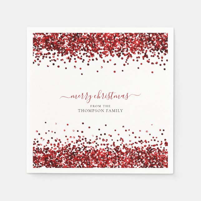 Glam Red Glitter Name Merry Christmas White  Napkin (Front)