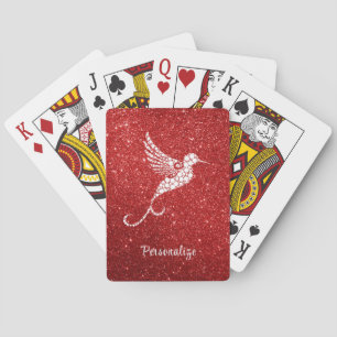 Glam Red Glitter White Hummingbird Personalise Playing Cards
