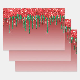Glam Red Green Glitter Drips Christmas Wrapping Paper Sheet