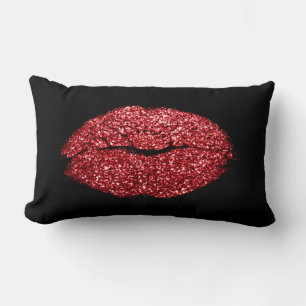 Glam Red Lips Glitter Black Makeup Kiss Lumbar Cushion