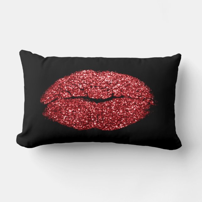 Glam Red Lips Glitter Black Makeup Kiss Lumbar Cushion (Front)