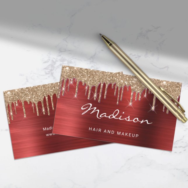 Glam Red Metal Gold Glitter Drip Hair & Makeup Business Card (Glam Red Metal Gold Glitter Drip Hair & Makeup Business Card)