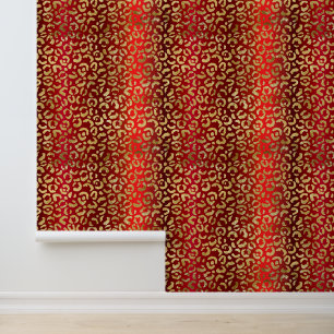 Glam Red Ombre Gold Leopard Pattern Wallpaper