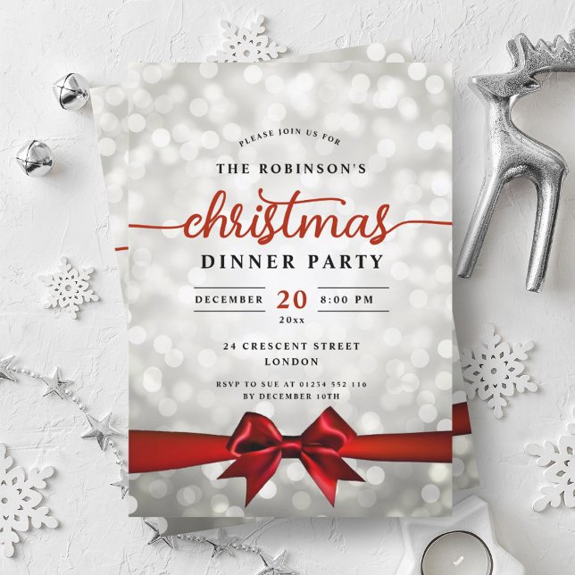 Glam Red Ribbon Silver Lights Christmas Party  Invitation (Glam Red Ribbon Silver Lights Christmas Party Invitation)