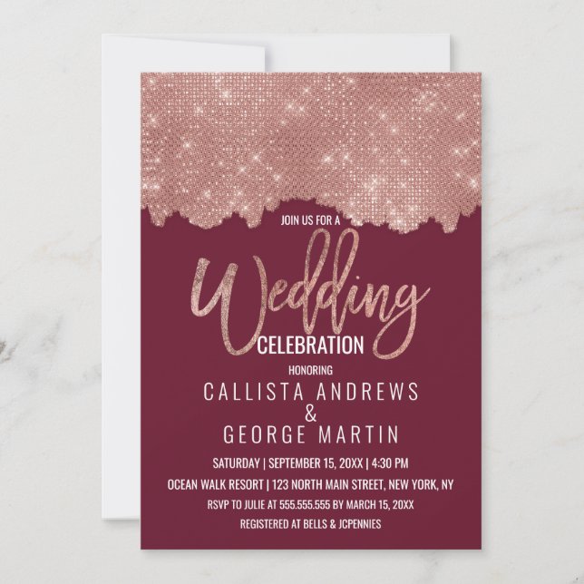 Glam Red Rose Gold Glitter Colour Block Wedding Invitation (Front)
