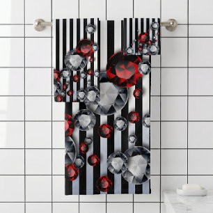 Glam Red Ruby Diamond Black and Silver Striped Bath Towel Set