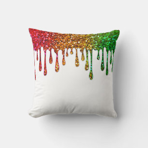 Glam Red Yellow Green Rasta Rainbow Glitter Drips Cushion