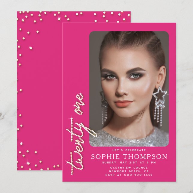Glam Rhinestones Hot Pink Chic 21st Birthday Photo Invitation (Front/Back)