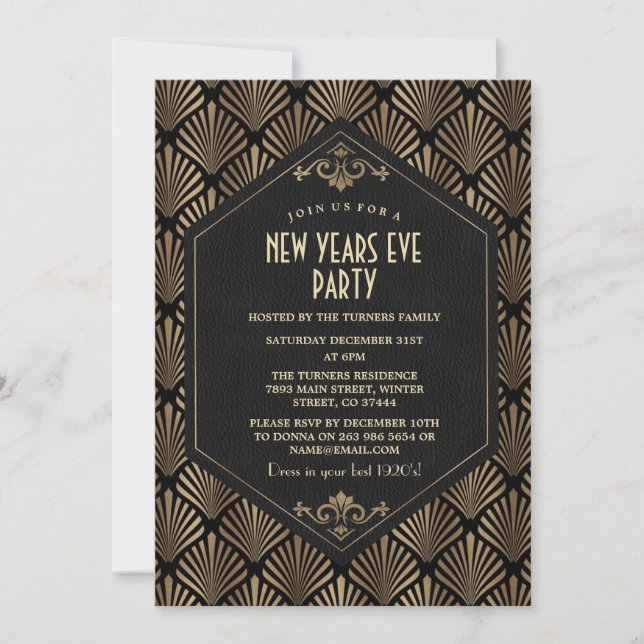 Glam Roaring 20's Gold Great Gatsby New Year's Eve Invitation (Front)