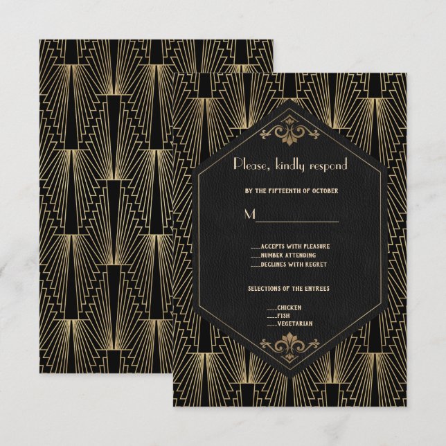Glam Roaring 20s Great Gatsby Art Deco Wedding RSVP Card (Front/Back)
