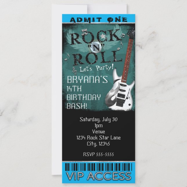 Glam Rock N Roll Star Birthday Ticket VIP Party Invitation (Front)