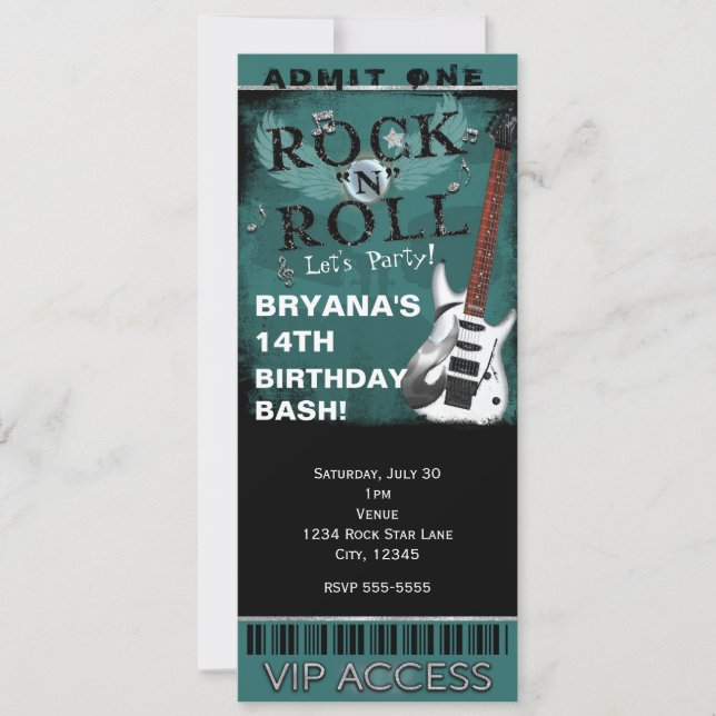Glam Rock N Roll Star Birthday Ticket VIP Party Invitation (Front)