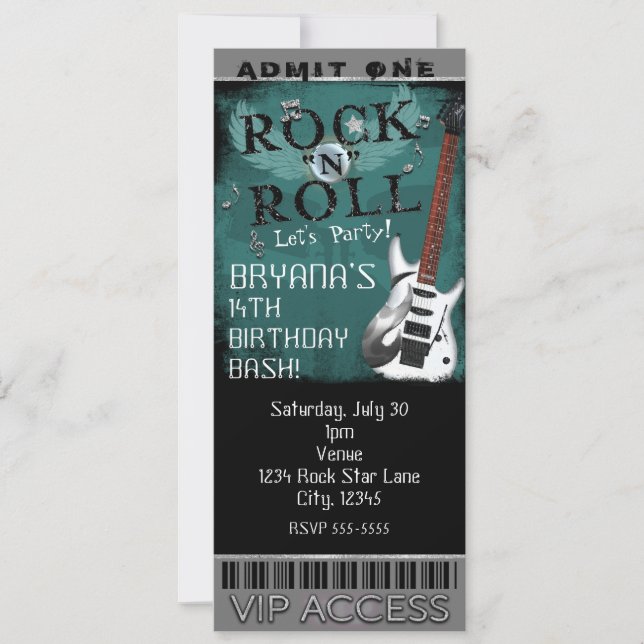 Glam Rock N Roll Star Birthday Ticket VIP Party Invitation (Front)