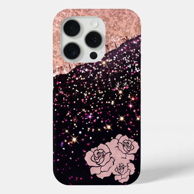 Glam Rose Black Glitter Blush Roses Case-Mate iPhone Case (Back)