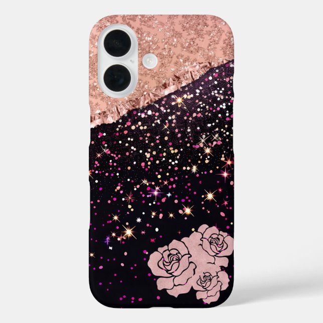 Glam Rose Black Glitter Blush Roses Case-Mate iPhone Case (Back)