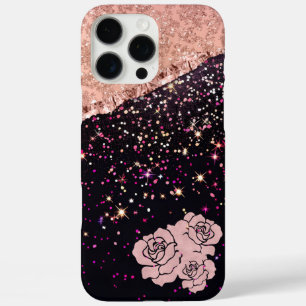 Glam Rose Black Glitter Blush Roses iPhone 16 Pro Max Case