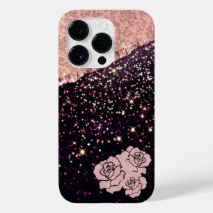 Glam Rose Black Glitter Blush Roses Case-Mate iPhone 14 Pro Case