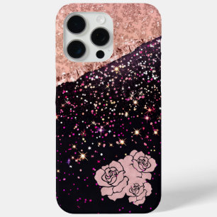 Glam Rose Black Glitter Blush Roses iPhone 15 Pro Max Case