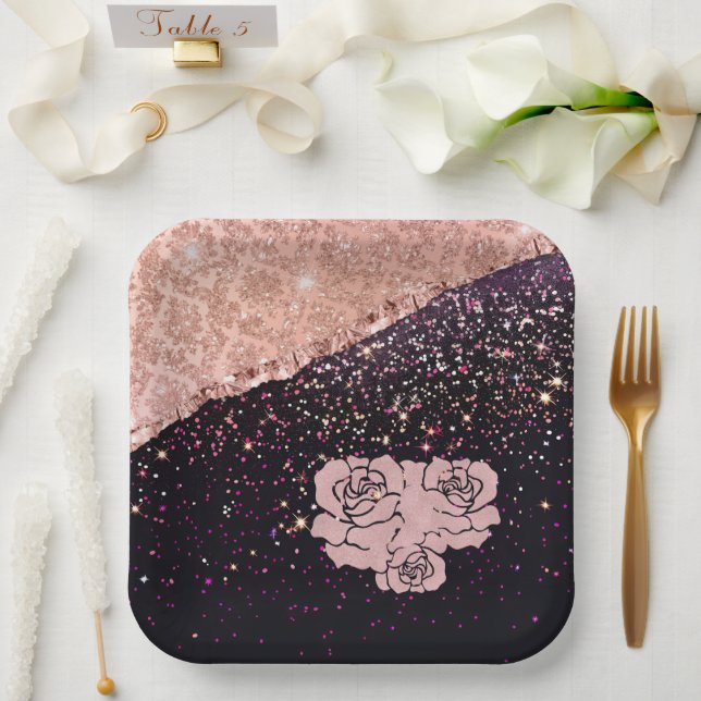 Glam Rose Black Glitter Blush Roses Paper Plate (Wedding)