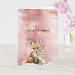 Glam Rose Blush Pink Fox Bunny Christmas Card