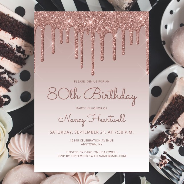 Glam Rose Gold 80th Birthday Party Invitation (Creator Uploaded)