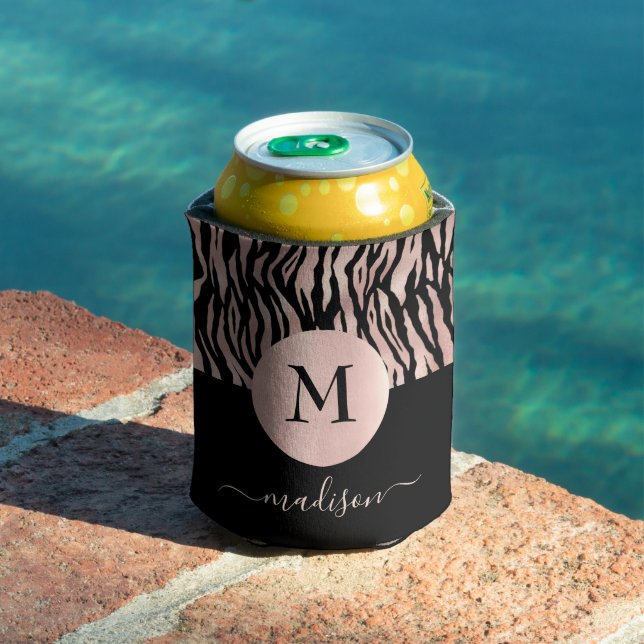 Glam Rose Gold Animal Print on Black Monogram Name Can Cooler (In Situ Pool)