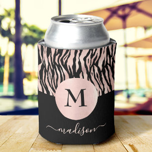 Glam Rose Gold Animal Print on Black Monogram Name Can Cooler
