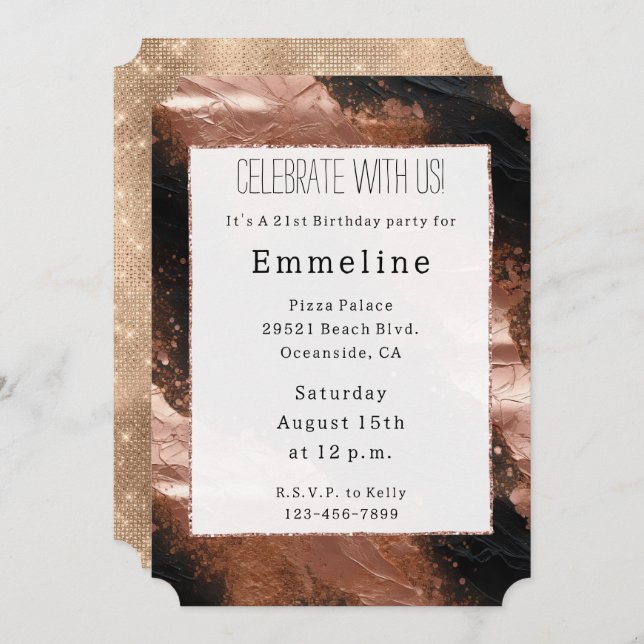 Glam Rose Gold Black Champagne Glitzy Sparkle Invitation (Front/Back)